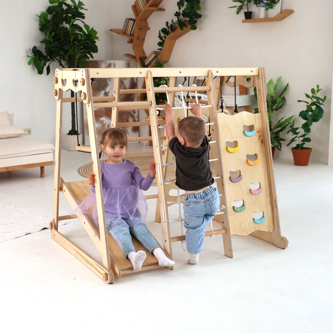 Set da Gioco Coperto per bambini 6in1: Parco Giochi + Altalena Doppia + Scivolo + Corda da Arrampicata + Scale