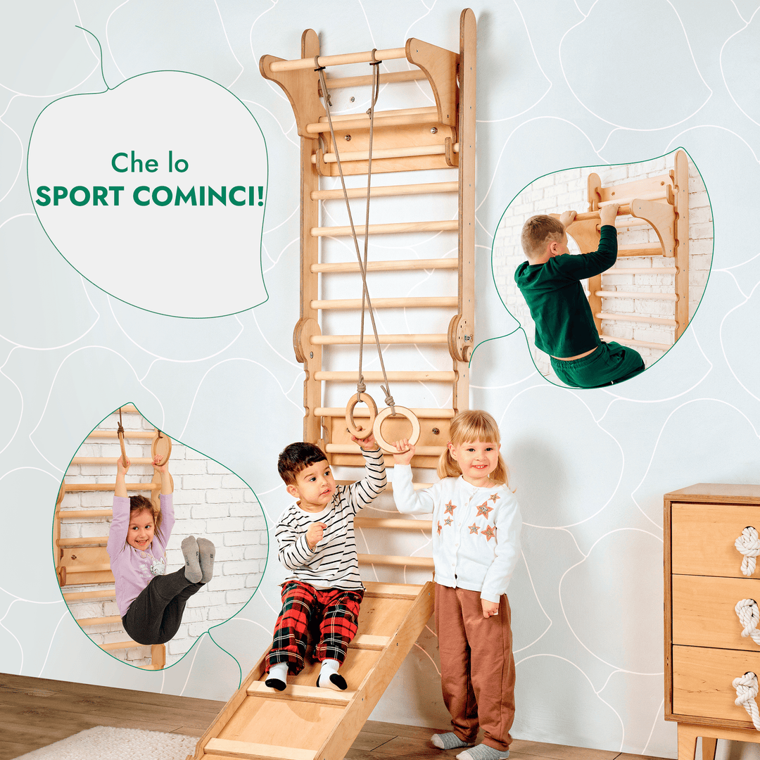 6in1 Spalliera Svedese in Legno / Scala da Arrampicata per Bambini + Set da Altalena + Tavola Scorrevole