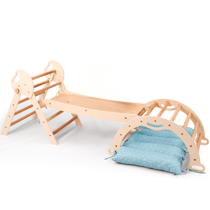 Set 4in1 Montessori per arrampicata: Triangolo di Pikler, Arco, Tavola scivolo e Cuscino – per bambini da 1 a 3 anni
