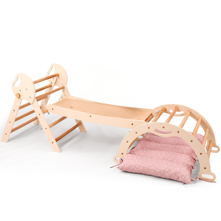 Set 4in1 Montessori per arrampicata: Triangolo di Pikler, Arco, Tavola scivolo e Cuscino – per bambini da 1 a 3 anni
