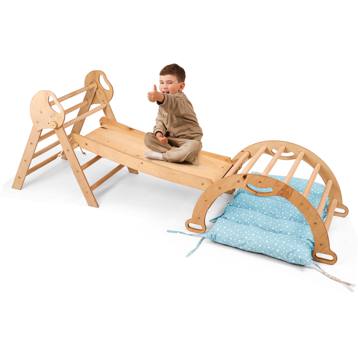 Set 4in1 Montessori per arrampicata: Triangolo di Pikler, Arco, Tavola scivolo e Cuscino – per bambini da 1 a 3 anni