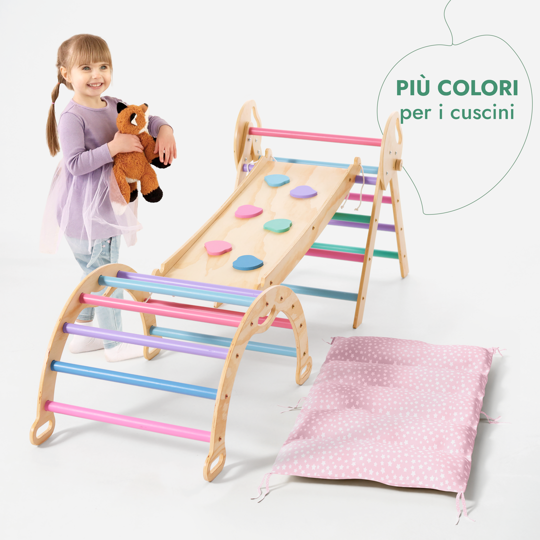 Set 5in1 Montessori per arrampicata: Triangolo di Pikler, Arco, Tavola scivolo e Cuscino – per bambini da 1 a 3 anni - Pastello