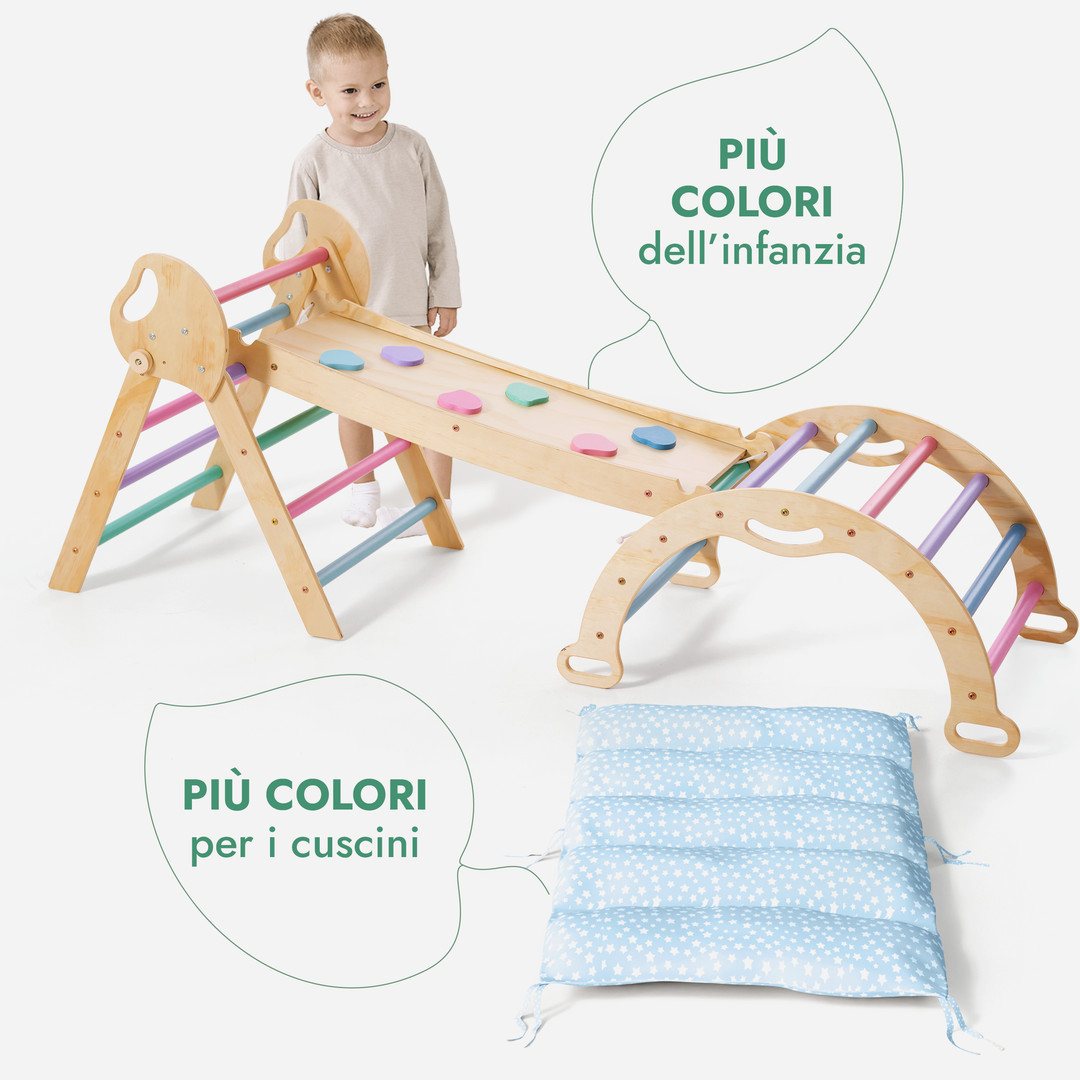 Set 5in1 Montessori per arrampicata: Triangolo di Pikler, Arco, Tavola scivolo e Cuscino – per bambini da 1 a 3 anni - Pastello