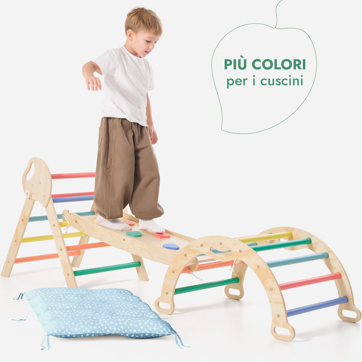 Set 4in1 Montessori per arrampicata: Triangolo di Pikler, Arco, Tavola scivolo e Cuscino – per bambini da 1 a 3 anni - Arcobaleno