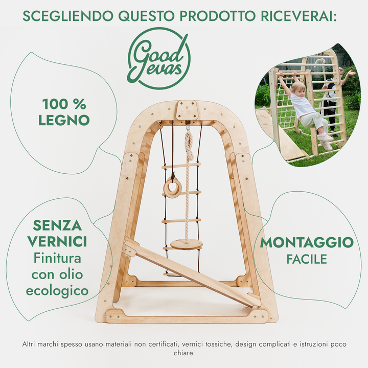 Parco Giochi 6 in 1 per Interni in Legno – Scivolo e Set di Altalene Inclusi