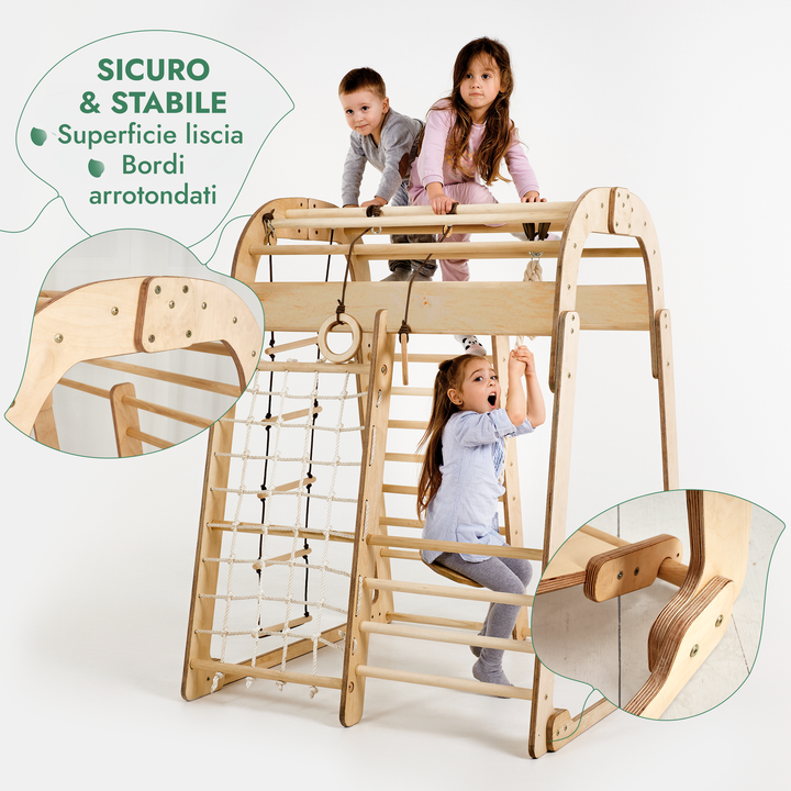 Parco Giochi 6 in 1 per Interni in Legno – Scivolo e Set di Altalene Inclusi