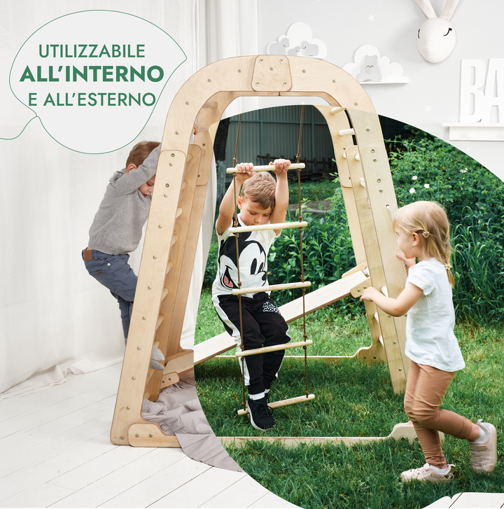 Parco Giochi 6 in 1 per Interni in Legno – Scivolo e Set di Altalene Inclusi