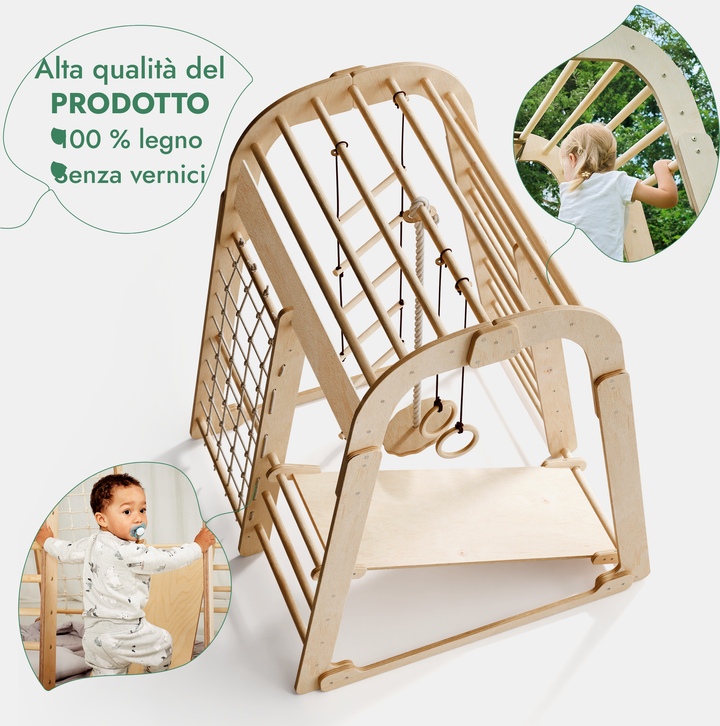 Parco Giochi 6 in 1 per Interni in Legno – Scivolo e Set di Altalene Inclusi