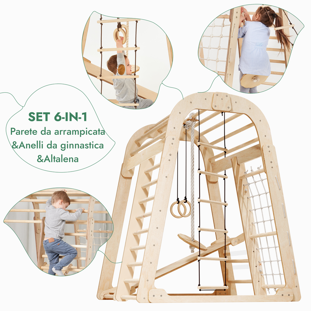 Parco Giochi 6 in 1 per Interni in Legno – Scivolo e Set di Altalene Inclusi