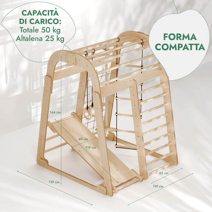 Parco Giochi 6 in 1 per Interni in Legno – Scivolo e Set di Altalene Inclusi