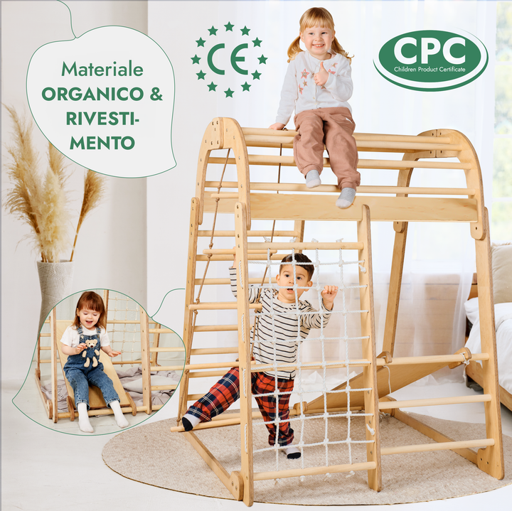 Parco Giochi 6 in 1 per Interni in Legno – Scivolo e Set di Altalene Inclusi