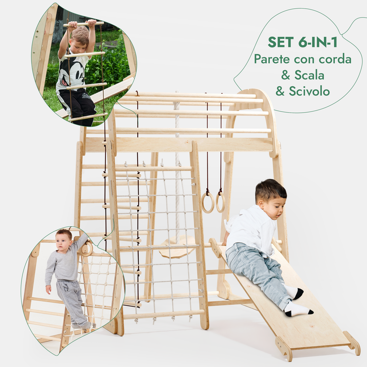 Parco Giochi 6 in 1 per Interni in Legno – Scivolo e Set di Altalene Inclusi