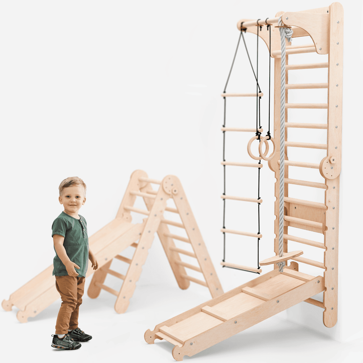 6in1 Spalliera Svedese in Legno / Scala da Arrampicata per Bambini + Set da Altalena + Tavola Scorrevole