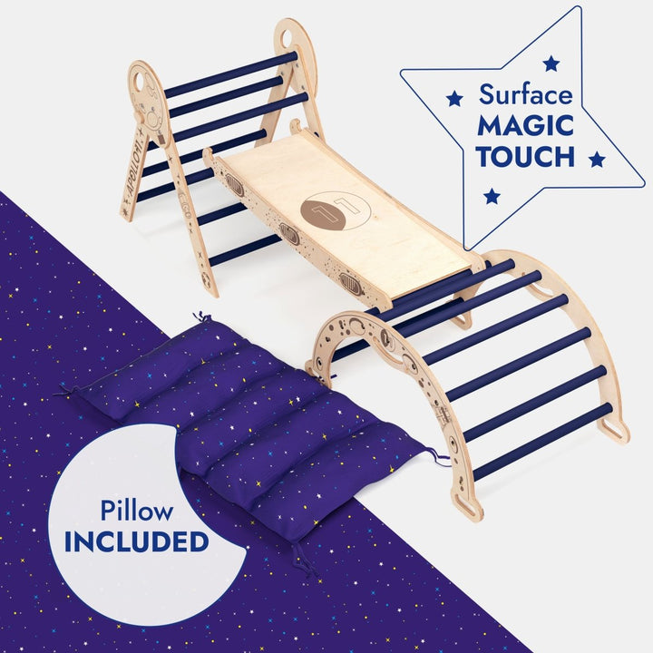 Apollo 4in1 Climbing Set: Triangolo di Pikler, Arco, Tavola da Scivolo e Cuscino per Piccoli Astronauti in Erba (1-3 anni)