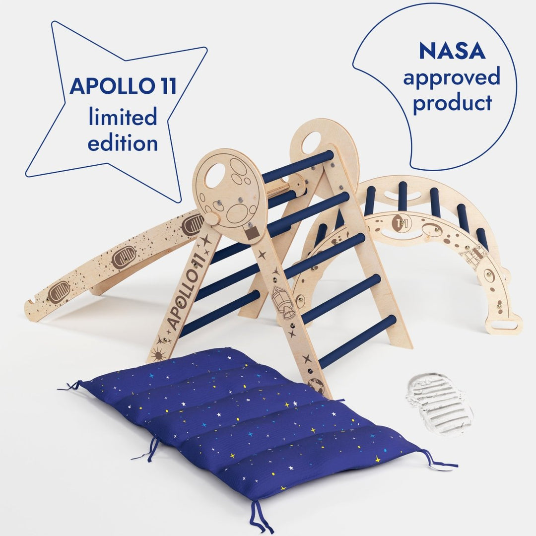 Apollo 4in1 Climbing Set: Triangolo di Pikler, Arco, Tavola da Scivolo e Cuscino per Piccoli Astronauti in Erba (1-3 anni)