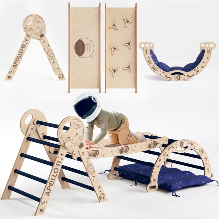 Apollo 4in1 Climbing Set: Triangolo di Pikler, Arco, Tavola da Scivolo e Cuscino per Piccoli Astronauti in Erba (1-3 anni)
