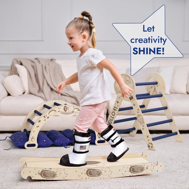Apollo 4in1 Climbing Set: Triangolo di Pikler, Arco, Tavola da Scivolo e Cuscino per Piccoli Astronauti in Erba (1-3 anni)