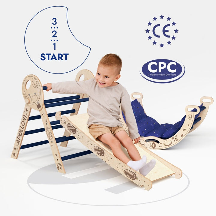 Apollo 4in1 Climbing Set: Triangolo di Pikler, Arco, Tavola da Scivolo e Cuscino per Piccoli Astronauti in Erba (1-3 anni)