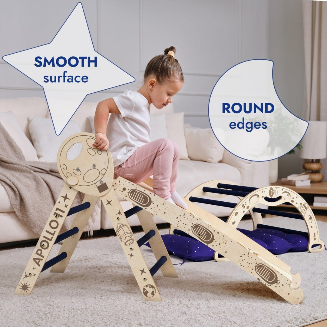 Apollo 4in1 Climbing Set: Triangolo di Pikler, Arco, Tavola da Scivolo e Cuscino per Piccoli Astronauti in Erba (1-3 anni)