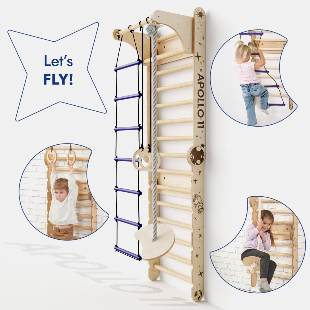 Apollo Swedish Wall / Scala da Arrampicata per Piccoli Astronauti + Set Altalena Lunare + Tavola da Scivolo