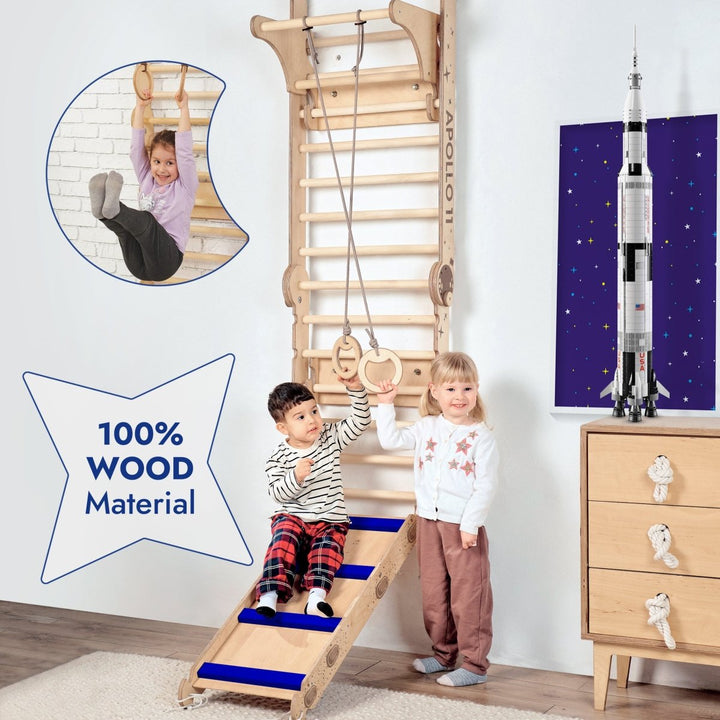 Apollo Swedish Wall / Scala da Arrampicata per Piccoli Astronauti + Set Altalena Lunare + Tavola da Scivolo