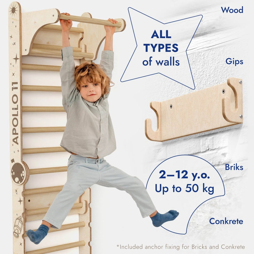 Apollo Swedish Wall / Scala da Arrampicata per Piccoli Astronauti + Set Altalena Lunare + Tavola da Scivolo