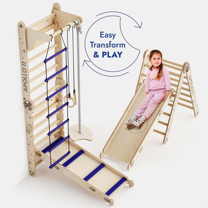 Apollo Swedish Wall / Scala da Arrampicata per Piccoli Astronauti + Set Altalena Lunare + Tavola da Scivolo