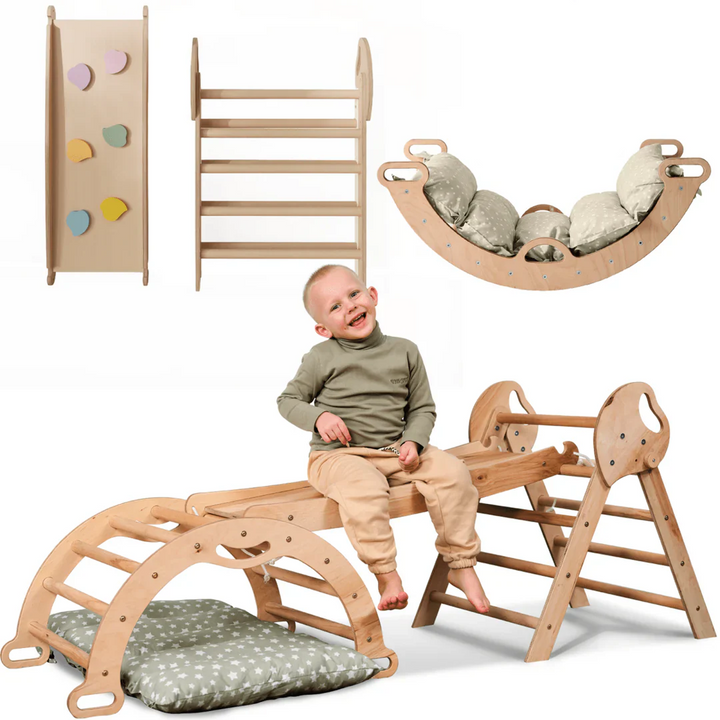 Set 4in1 Montessori per arrampicata: Triangolo di Pikler, Arco, Tavola scivolo e Cuscino – per bambini da 1 a 3 anni