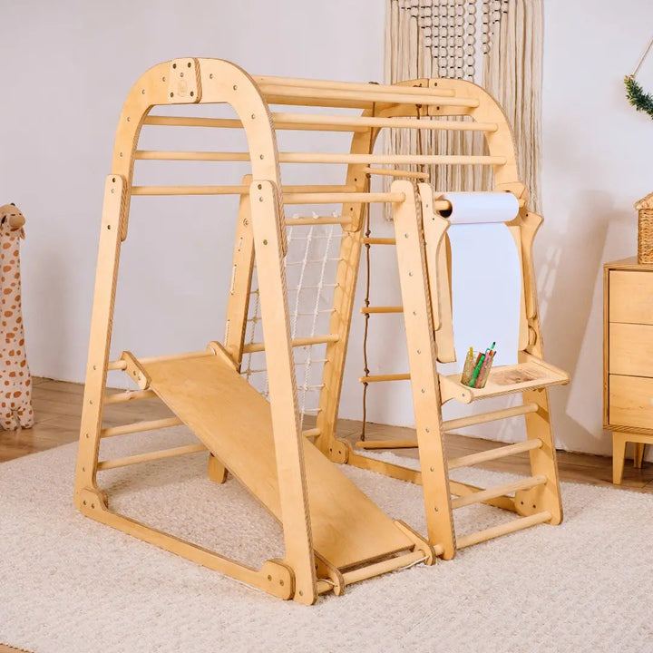 Parco giochi 7 in 1 da interno per bambini piccoli – Area gioco, Set altalene, Scivolo e Set artistico