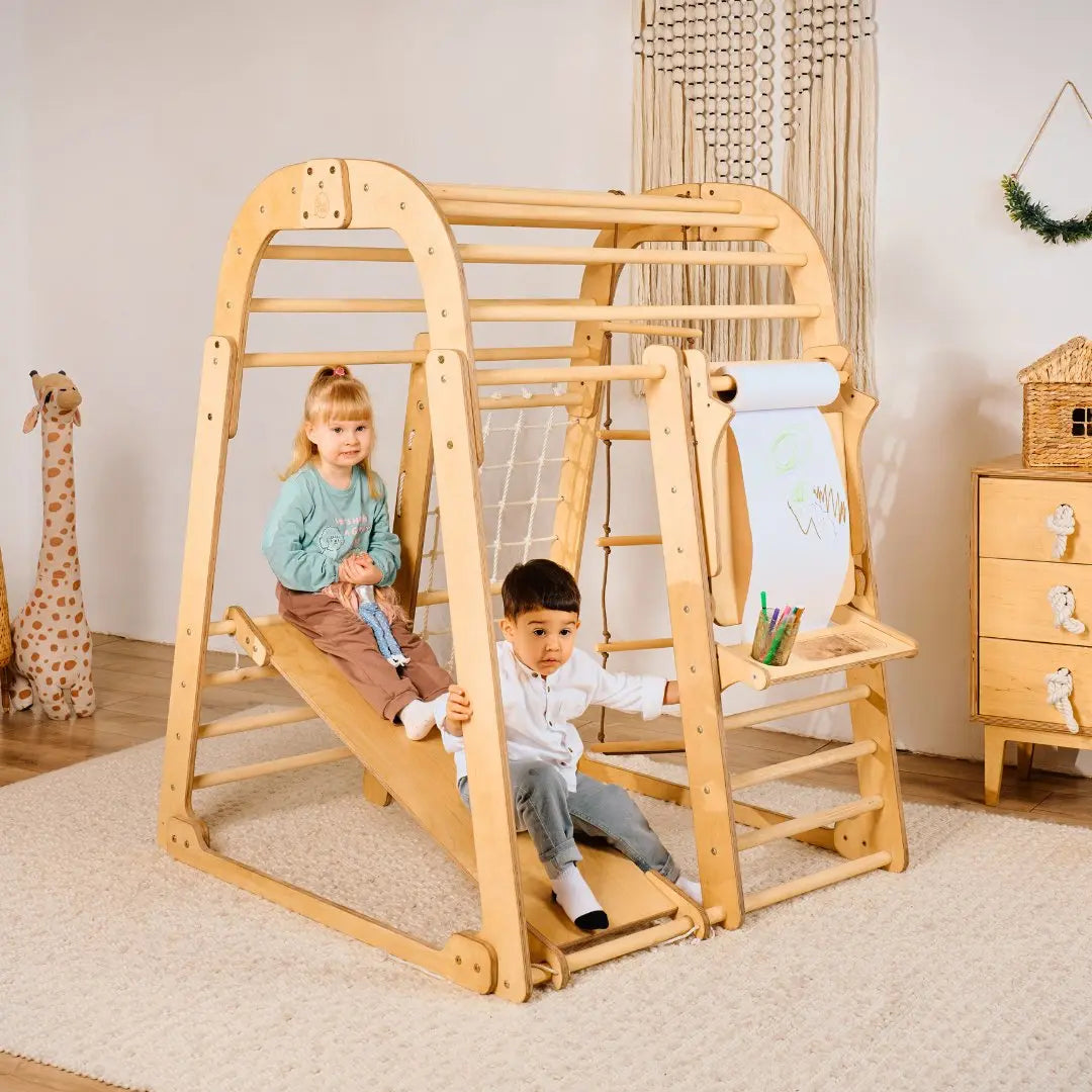 Parco giochi 7 in 1 da interno per bambini piccoli – Area gioco, Set altalene, Scivolo e Set artistico