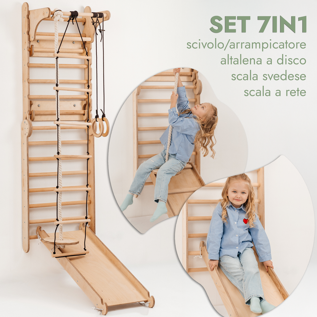 Spalliera Svedese / Scala Rampicante per Bambini + Set Dondolo + Tappetino Scivolo + Complemento Artistico