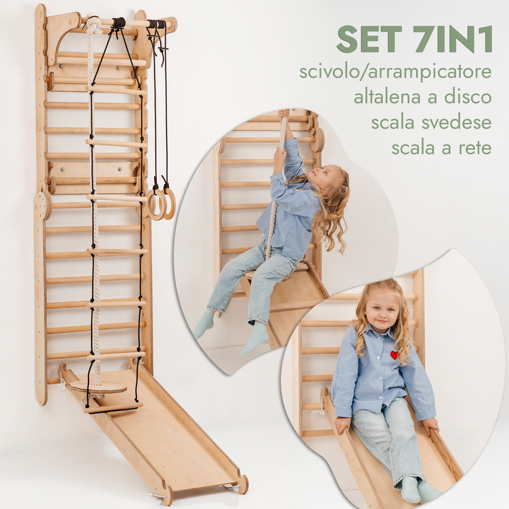 Spalliera Svedese / Scala Rampicante per Bambini + Set Dondolo + Tappetino Scivolo + Complemento Artistico