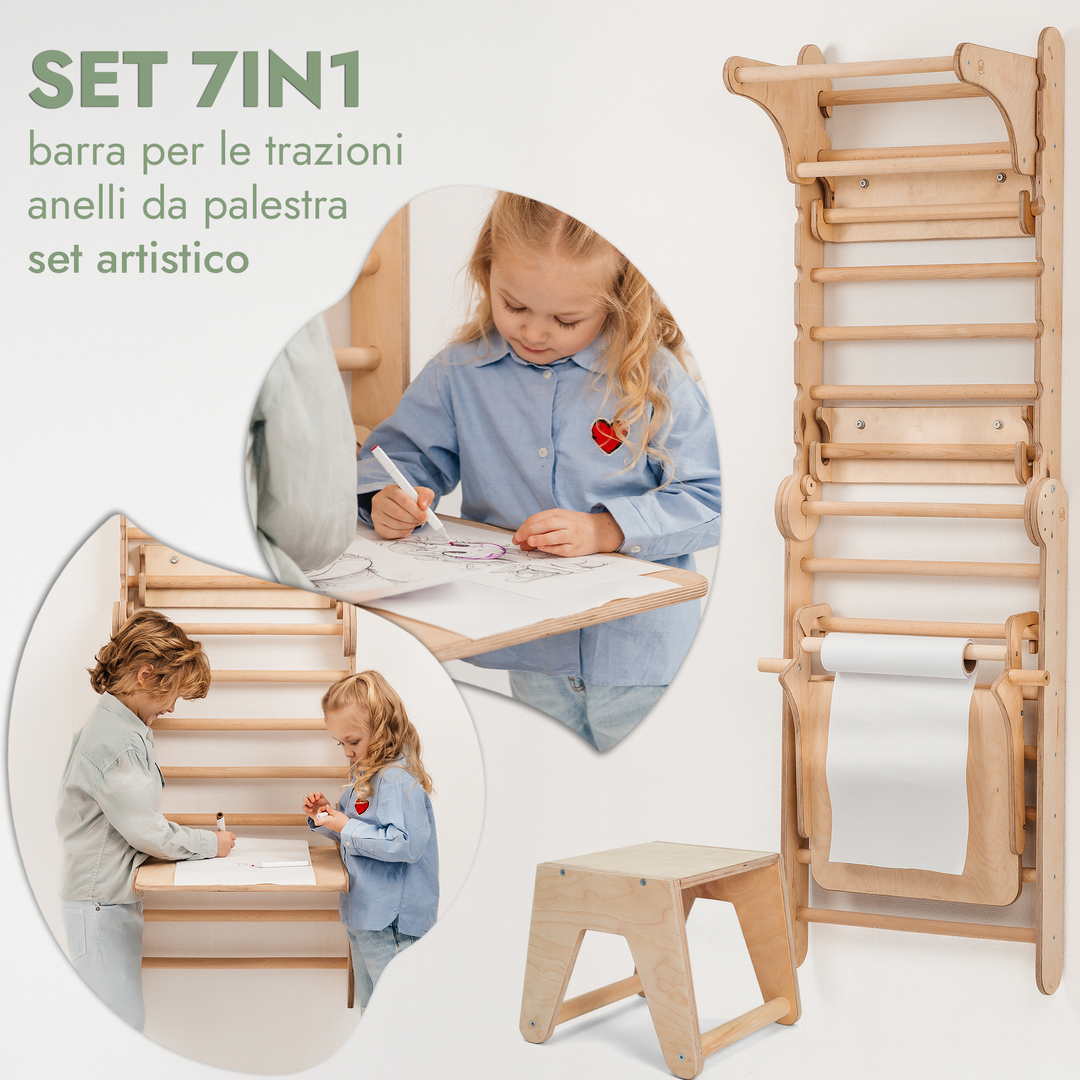 Spalliera Svedese / Scala Rampicante per Bambini + Set Dondolo + Tappetino Scivolo + Complemento Artistico