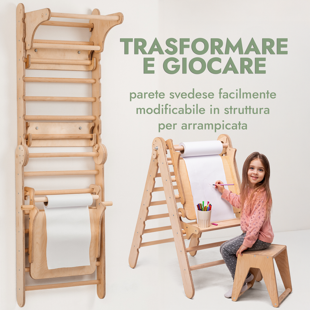 Spalliera Svedese / Scala Rampicante per Bambini + Set Dondolo + Tappetino Scivolo + Complemento Artistico