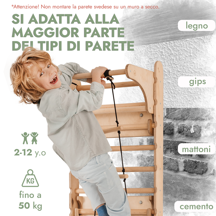 Spalliera Svedese / Scala Rampicante per Bambini + Set Dondolo + Tappetino Scivolo + Complemento Artistico