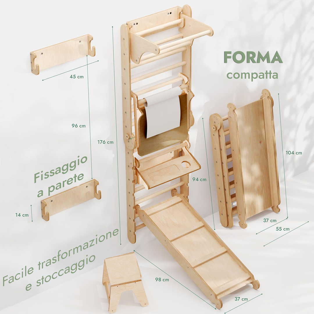 Spalliera Svedese / Scala Rampicante per Bambini + Set Dondolo + Tappetino Scivolo + Complemento Artistico