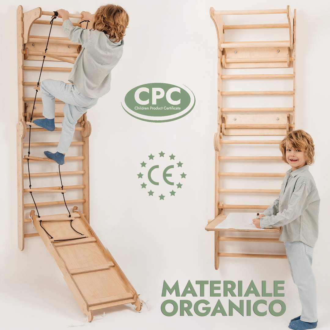 Spalliera Svedese / Scala Rampicante per Bambini + Set Dondolo + Tappetino Scivolo + Complemento Artistico