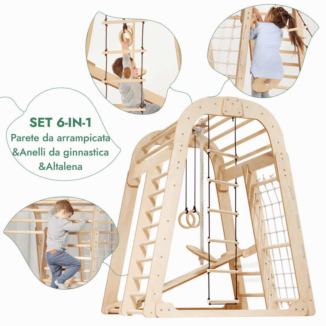 Parco Giochi 6 in 1 per Interni in Legno – Scivolo e Set di Altalene Inclusi - Goodevas IT
