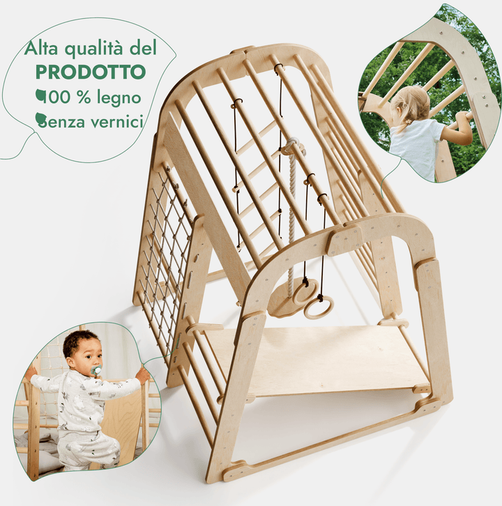 Parco Giochi 6 in 1 per Interni in Legno – Scivolo e Set di Altalene Inclusi - Goodevas IT