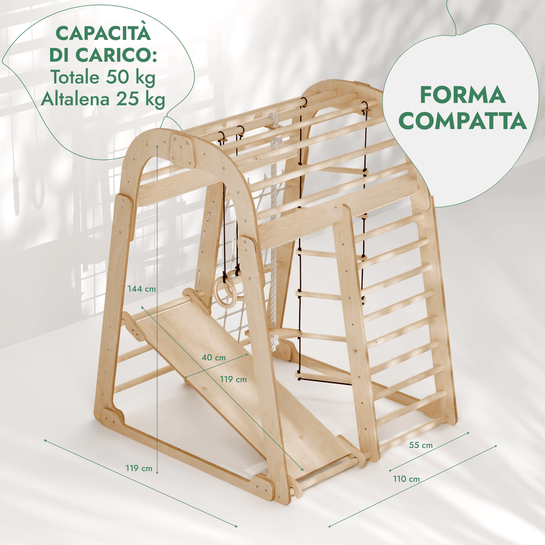 Parco Giochi 6 in 1 per Interni in Legno – Scivolo e Set di Altalene Inclusi - Goodevas IT