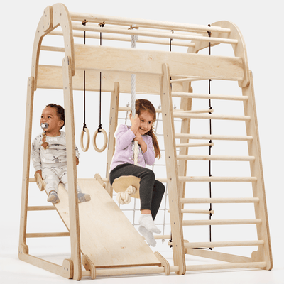Parco Giochi 6 in 1 per Interni in Legno – Scivolo e Set di Altalene Inclusi