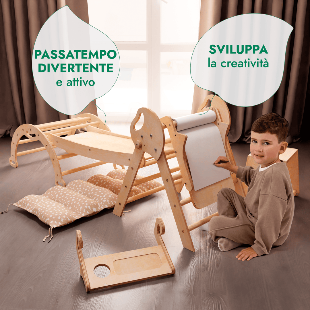 Set 4in1 Montessori per arrampicata: Triangolo di Pikler, Arco, Aggiunta Artistica + Tavola scivolo e Cuscino – per bambini da 1 a 3 anni - Goodevas IT
