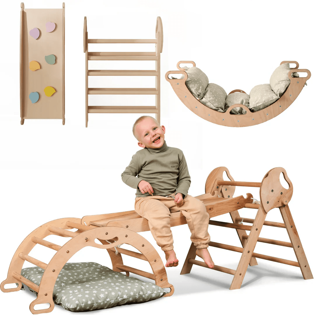 Set 4in1 Montessori per arrampicata: Triangolo di Pikler, Arco, Tavola scivolo e Cuscino – per bambini da 1 a 3 anni - Goodevas IT