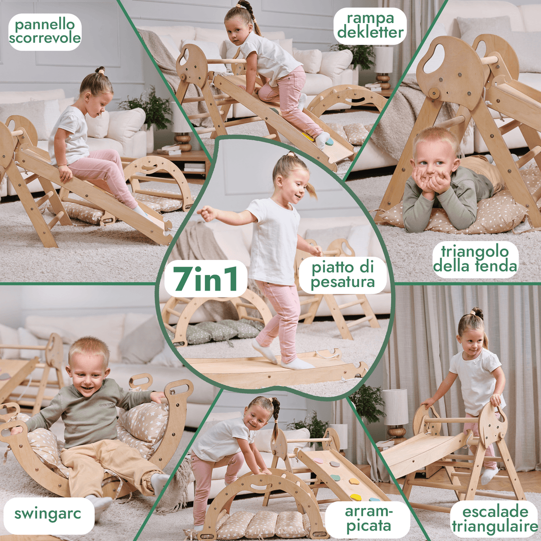 Set 4in1 Montessori per arrampicata: Triangolo di Pikler, Arco, Tavola scivolo e Cuscino – per bambini da 1 a 3 anni - Goodevas IT