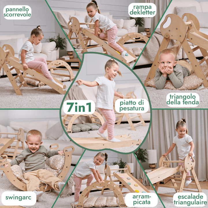 Set 4in1 Montessori per arrampicata: Triangolo di Pikler, Arco, Tavola scivolo e Cuscino – per bambini da 1 a 3 anni - Goodevas IT
