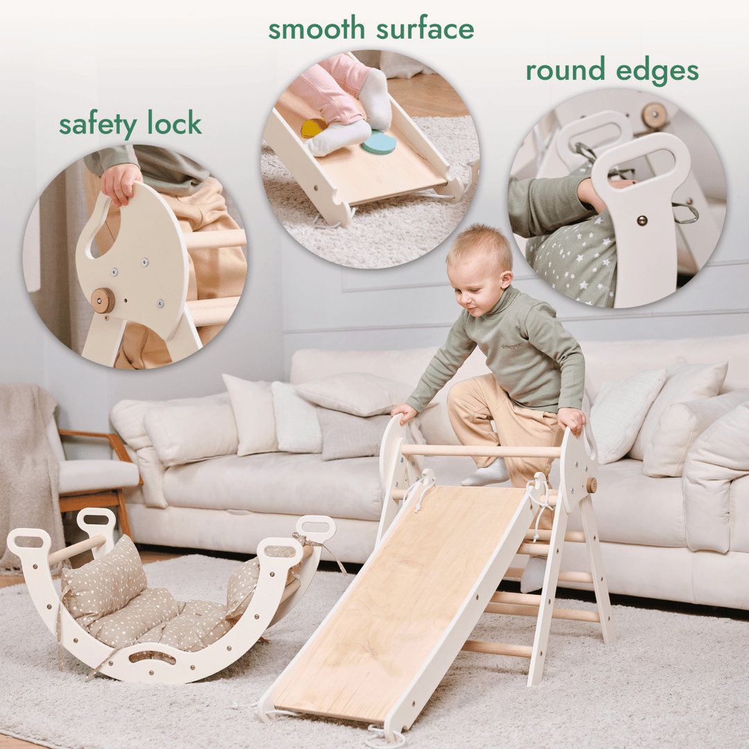 Set 4in1 Montessori per arrampicata: Triangolo di Pikler, Arco, Tavola scivolo e Cuscino – per bambini da 1 a 3 anni - Goodevas IT