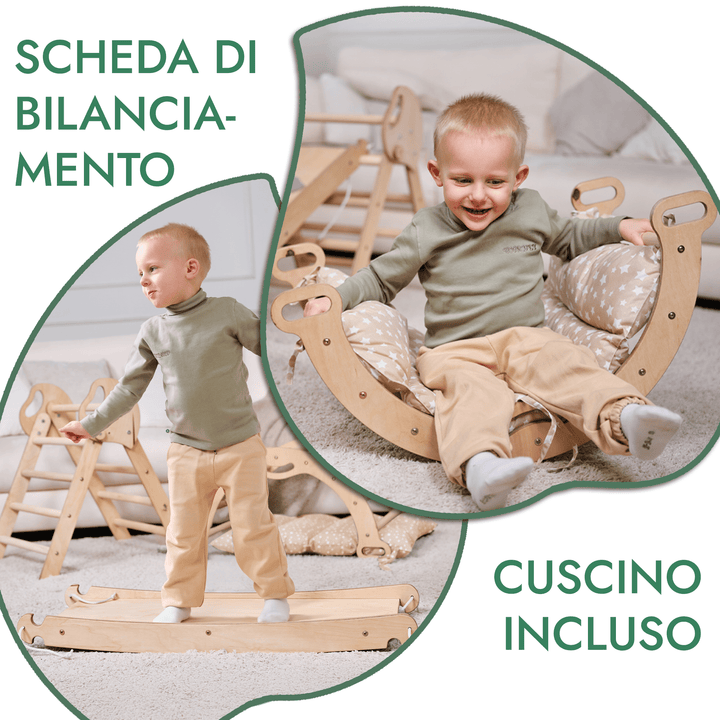 Set 4in1 Montessori per arrampicata: Triangolo di Pikler, Arco, Tavola scivolo e Cuscino – per bambini da 1 a 3 anni - Goodevas IT