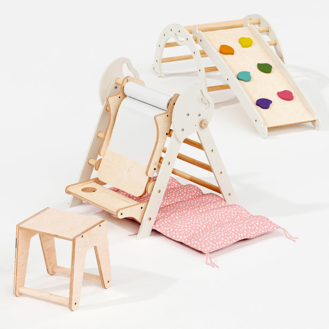 Set 4in1 Montessori per arrampicata: Triangolo di Pikler, Arco, Tavola scivolo e Cuscino – per bambini da 1 a 3 anni - Goodevas IT