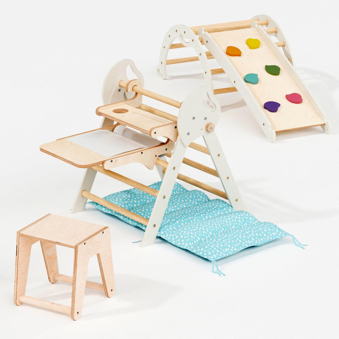 Set 4in1 Montessori per arrampicata: Triangolo di Pikler, Arco, Tavola scivolo e Cuscino – per bambini da 1 a 3 anni - Goodevas IT