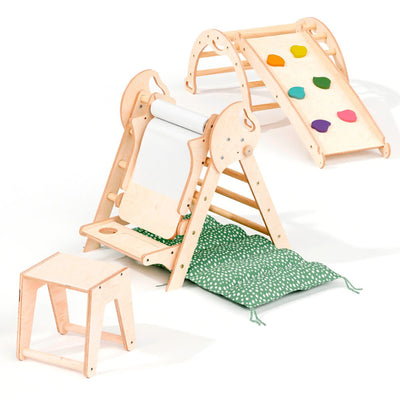 Set 6in1 Montessori per arrampicata: Triangolo di Pikler, Arco, Aggiunta Artistica + Tavola scivolo e Cuscino – per bambini da 1 a 3 anni